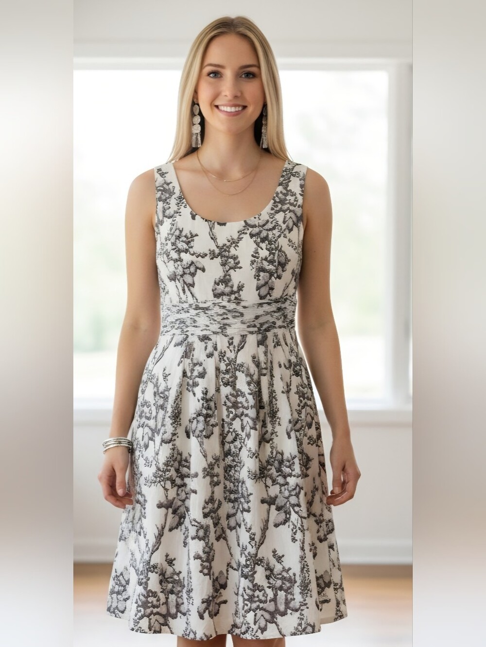 LOFT White Midi Dress with Black Floral Print